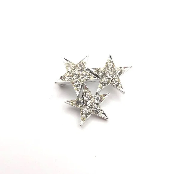 Silver Tone Triple Star Rhinestone Brooch Celestial Cluster Pin Clear Crystal - Picture 2 of 4